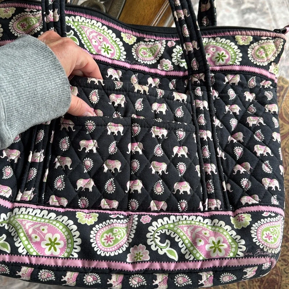 Vera Bradley Retired Pink Elephant Print Tote Bag - Black and Pink